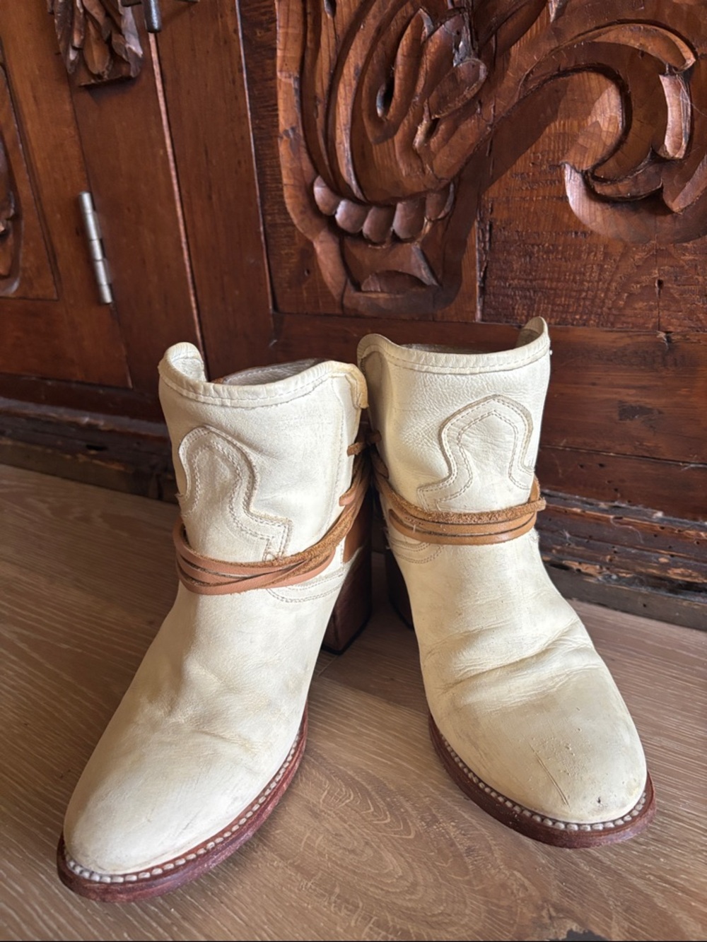 freebird Cream Leather Ankle Boots with Tan Wrap - Picture 8 of 8